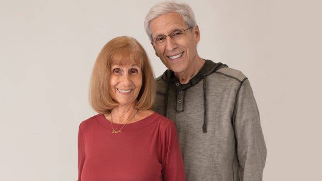 Bob and Fran German An older couple shown standing together and smiling, with a plain background. Fran German, on the left, suffered from myasthenia gravis for years
