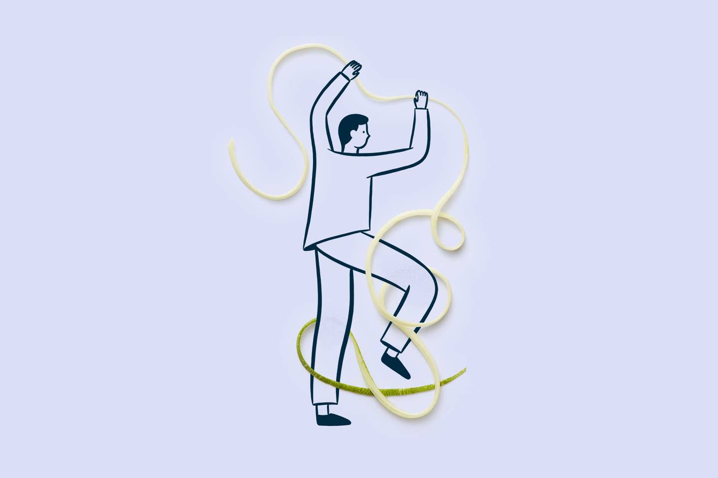 Irritable bowel syndrome -- illustration of a man tangled up in noodle