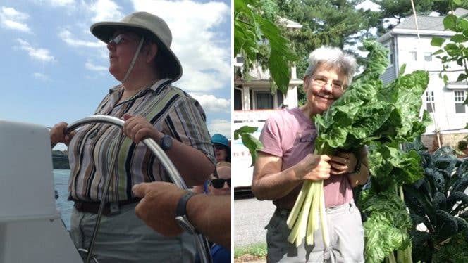 Karen Steiner SS before after Two photos showing Karen Steiner before adopting a plant-based diet for her mental health and weight - on the left, she stands at the helm of a boat, wearing a sun hat; on the right, she holds a bundle of fresh-picked kale, looking happier and having lost excess weight